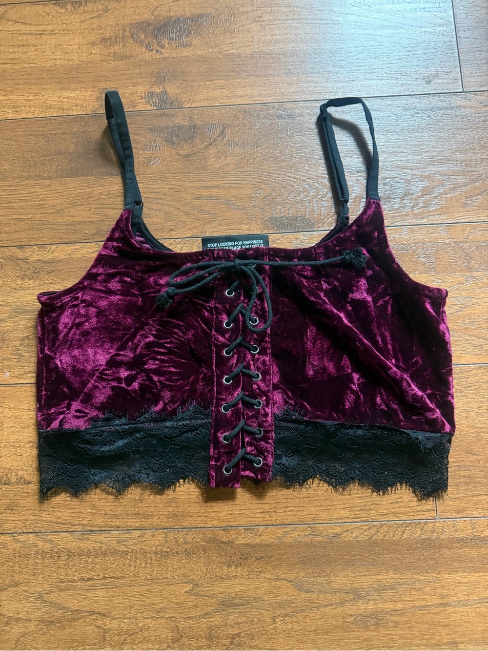Killstar Burgundy Velvet Lace-Up Crop Top with Black Lace Trim